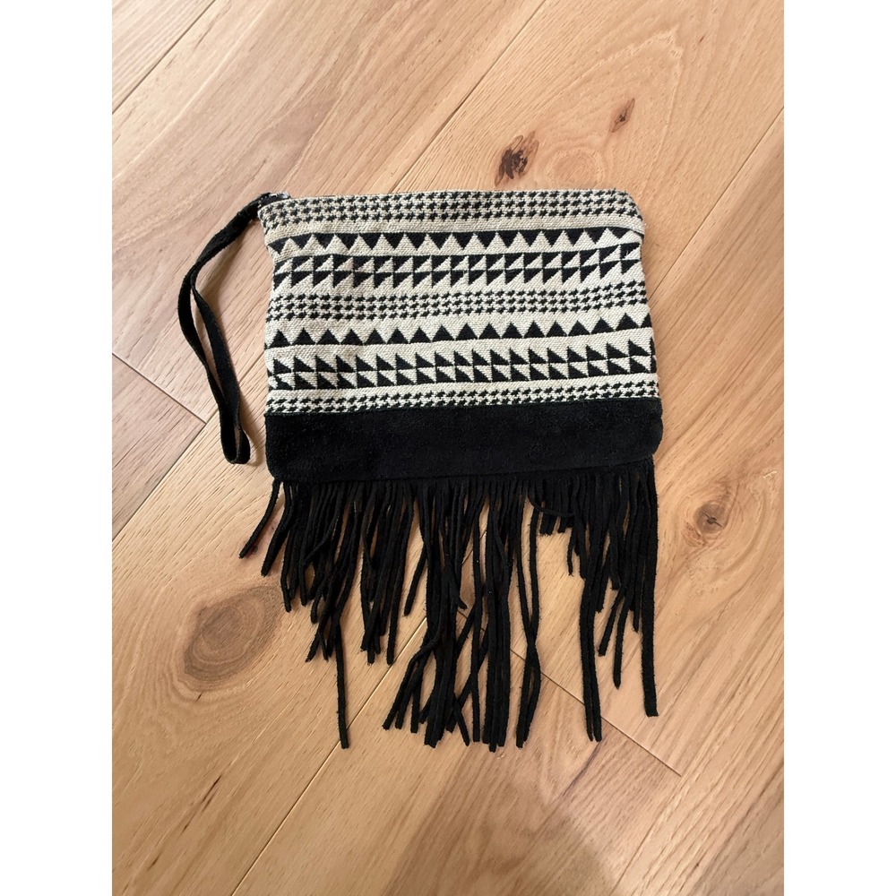 American Eagle Clutch Black Cream Southwestern Boho Fringe Wristlet Bag
